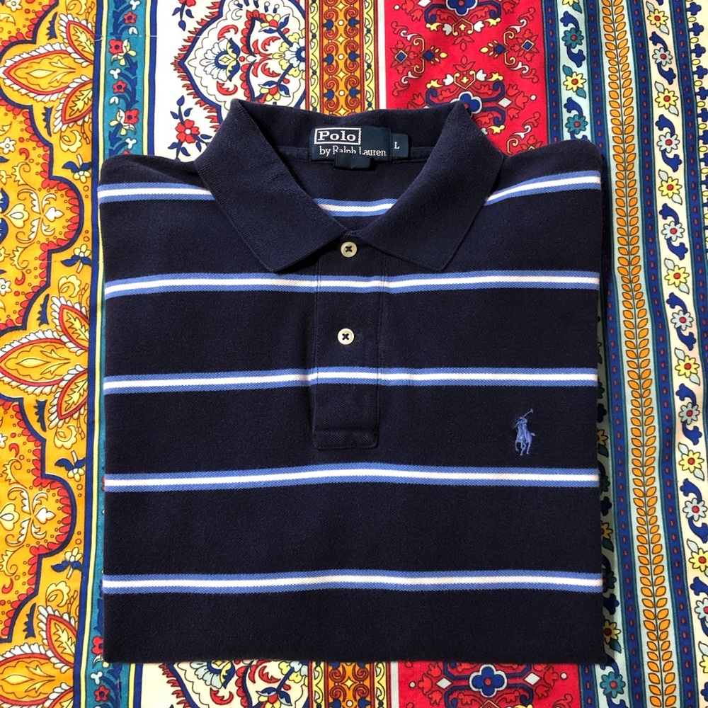 Polo Ralph Lauren men’s short sleeve shirt.Blue & white stripe.Good used shape.